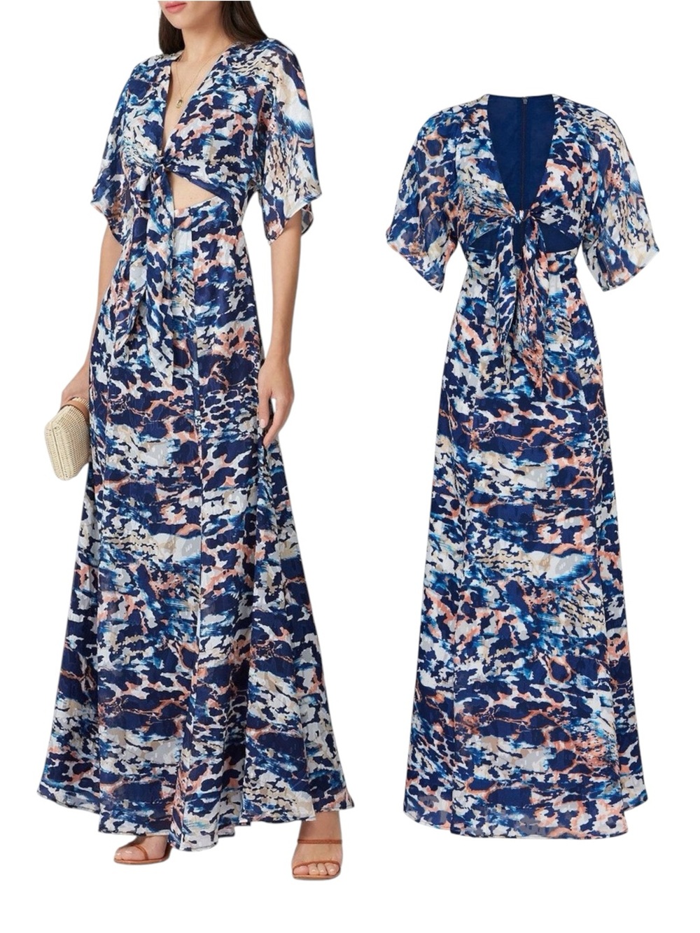 $125 Anthropologie Hutch Blue Abstract Flutter Sleeve Tie-Front Maxi Dress Large